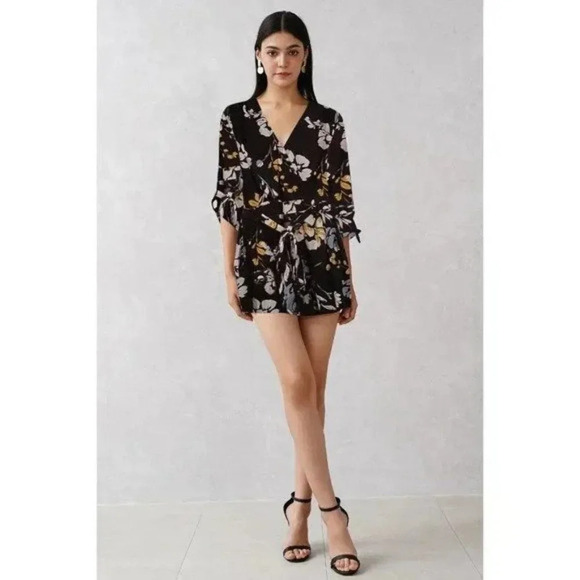 YUMI KIM Love Triangle Liz Romper Floral Faux Wrap V Neck Black Size Extra Small